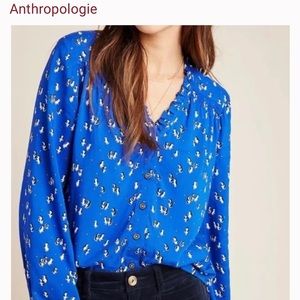 Anthropologie Maeve Marisol Blue Penguin Printed Ruffle Blouse, size 6